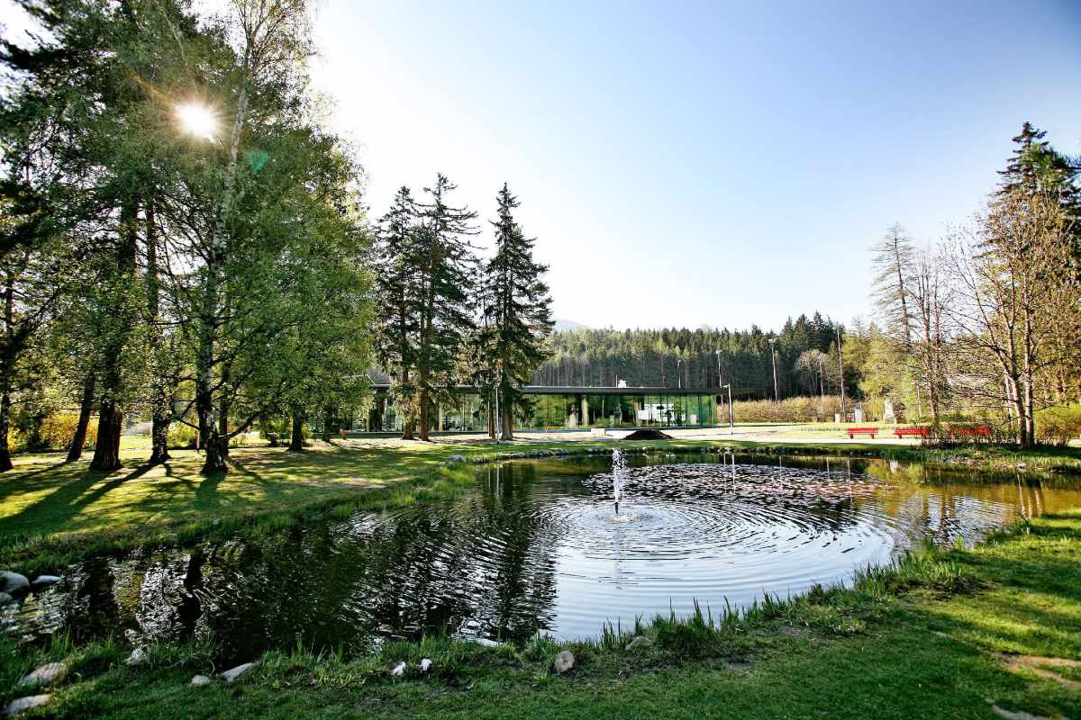 Parkteich im Congresspark Igls mit Bäumen, Spiegelungen im Wasser und Gebäude im Hintergrund.